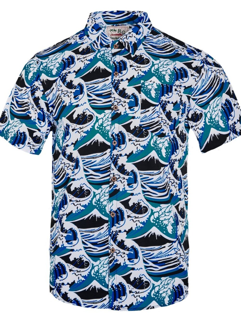 Mens Great Wave Hawaiian Shirt Short Sleeve Casual Button Down Beach Top